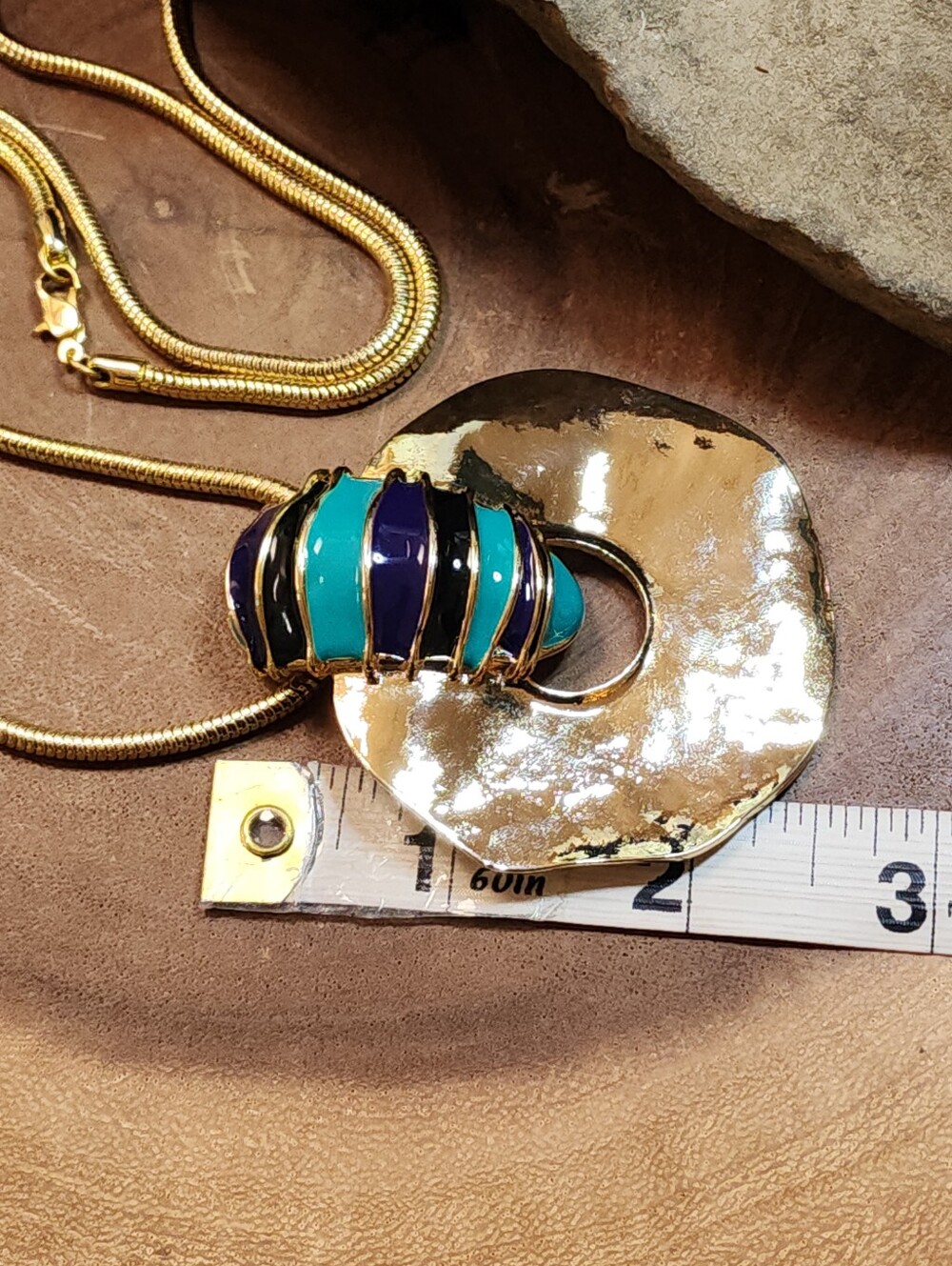 Gold Toned Snake Chain Necklace with Teal, Blue & Black Enamel Pendant - Picture 7 of 9